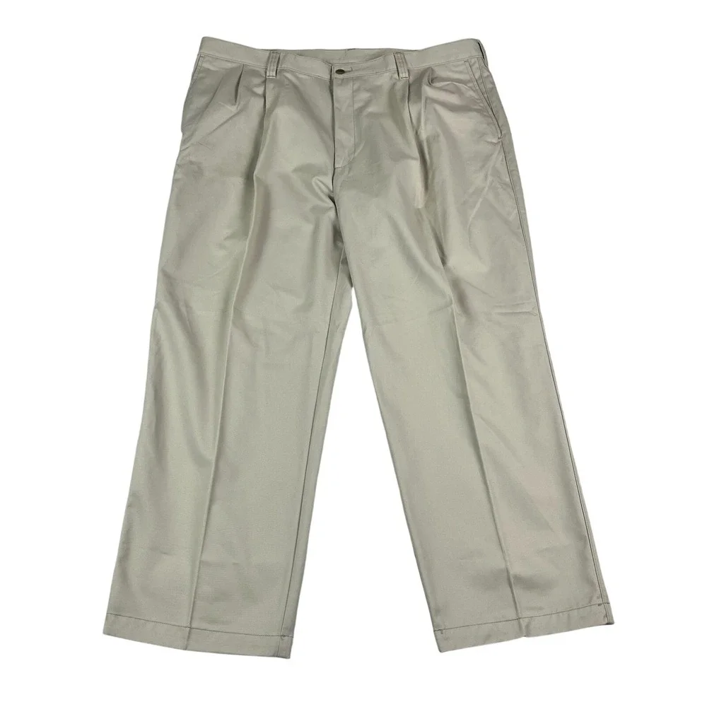 Haggar Mens Khaki Pleated Chino Pants 42x29 Relaxed Fit Cotton Trousers New‎